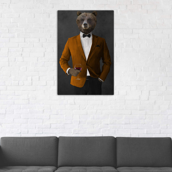Grizzly Bear Drinking Red Wine Wall Art - Orange and Black Suit
