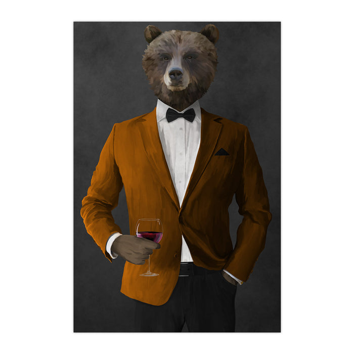 Grizzly Bear Drinking Red Wine Wall Art - Orange and Black Suit