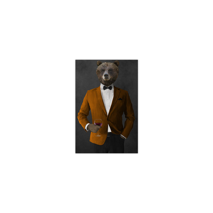 Grizzly Bear Drinking Red Wine Wall Art - Orange and Black Suit