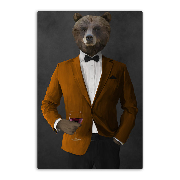 Grizzly Bear Drinking Red Wine Wall Art - Orange and Black Suit