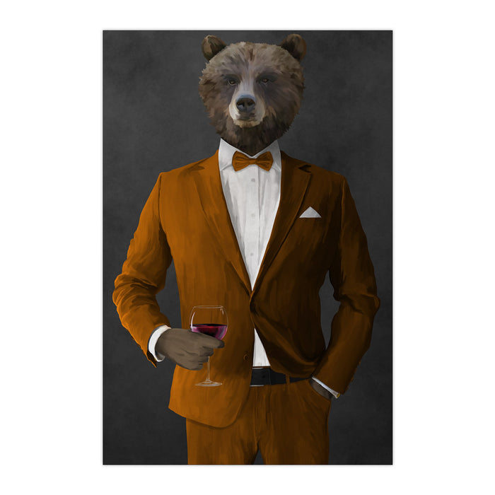 Grizzly Bear Drinking Red Wine Wall Art - Orange Suit