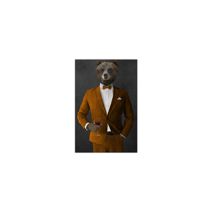 Grizzly Bear Drinking Red Wine Wall Art - Orange Suit