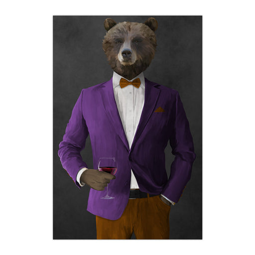 Grizzly Bear Drinking Red Wine Wall Art - Purple and Orange Suit