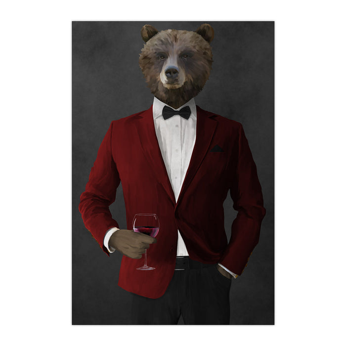 Grizzly Bear Drinking Red Wine Wall Art - Red and Black Suit