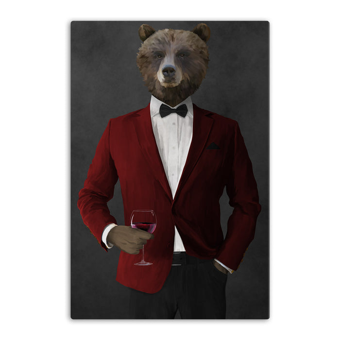 Grizzly Bear Drinking Red Wine Wall Art - Red and Black Suit