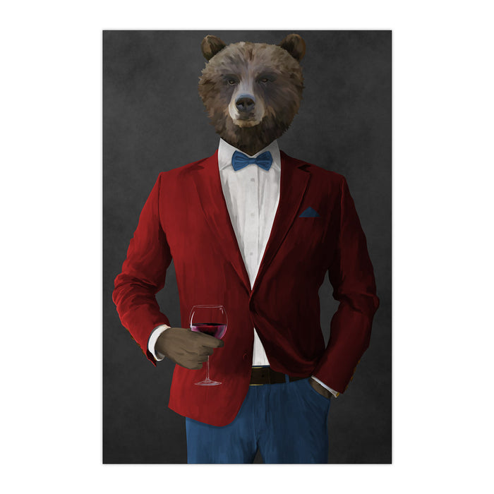 Grizzly Bear Drinking Red Wine Wall Art - Red and Blue Suit