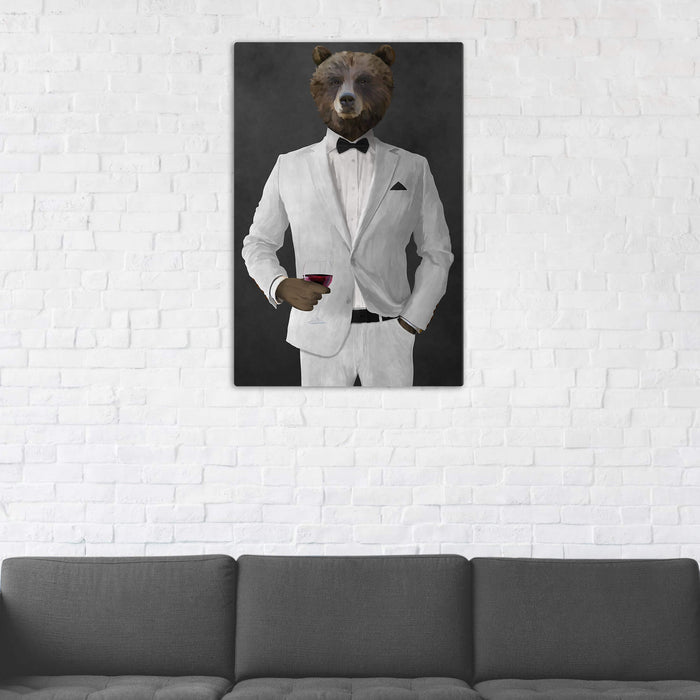 Grizzly Bear Drinking Red Wine Wall Art - White Suit