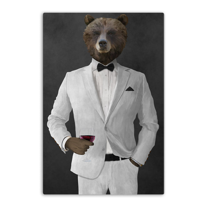 Grizzly Bear Drinking Red Wine Wall Art - White Suit