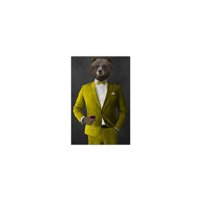 Grizzly Bear Drinking Red Wine Wall Art - Yellow Suit