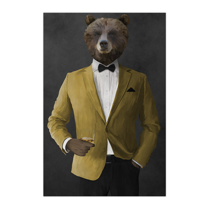 Grizzly Bear Drinking Whiskey Wall Art - Gold Suit
