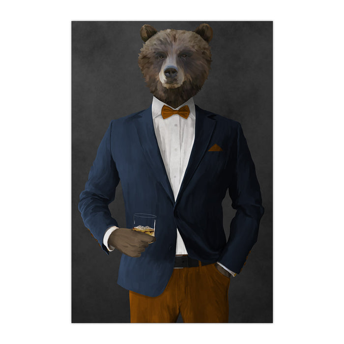 Grizzly Bear Drinking Whiskey Wall Art - Navy and Orange Suit