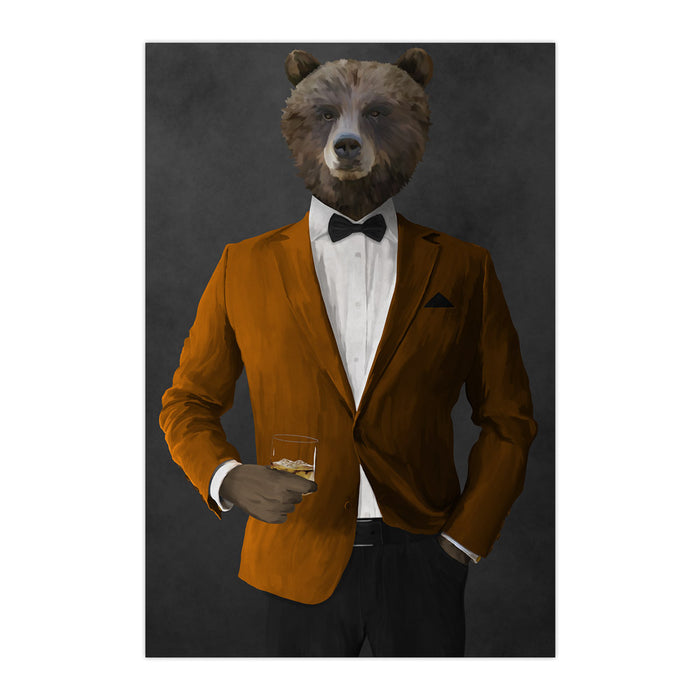 Grizzly Bear Drinking Whiskey Wall Art - Orange and Black Suit