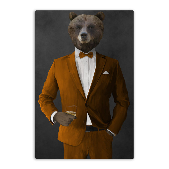 Grizzly Bear Drinking Whiskey Wall Art - Orange Suit