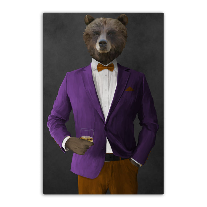 Grizzly Bear Drinking Whiskey Wall Art - Purple and Orange Suit
