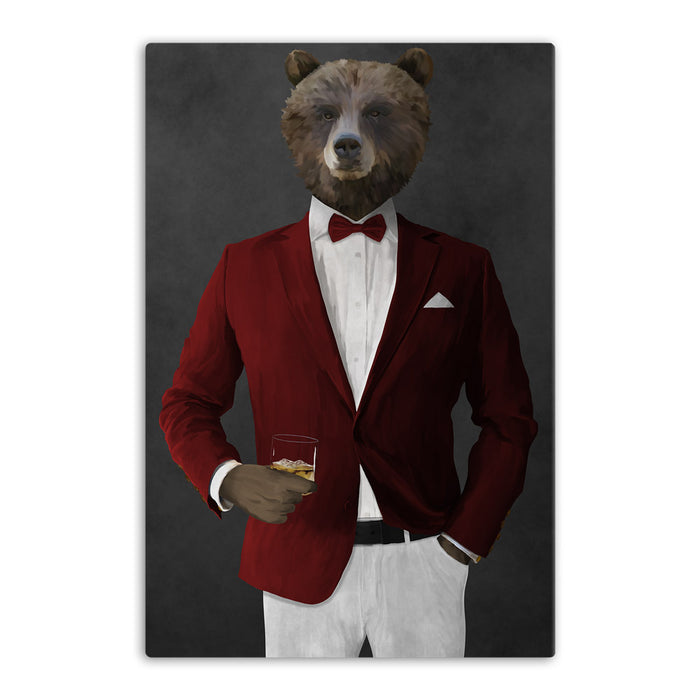 Grizzly Bear Drinking Whiskey Wall Art - Red and White Suit