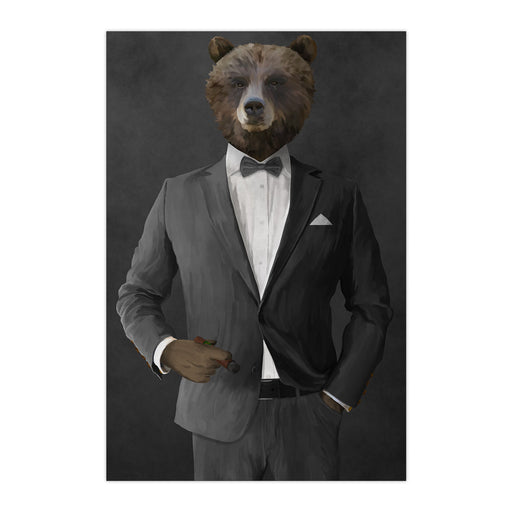 Grizzly Bear Smoking Cigar Wall Art - Gray Suit