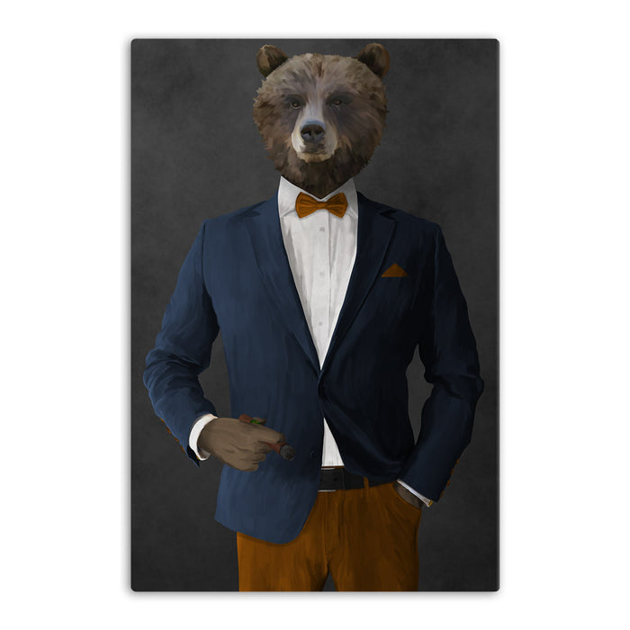 Grizzly Bear Smoking Cigar Wall Art - Navy and Orange Suit