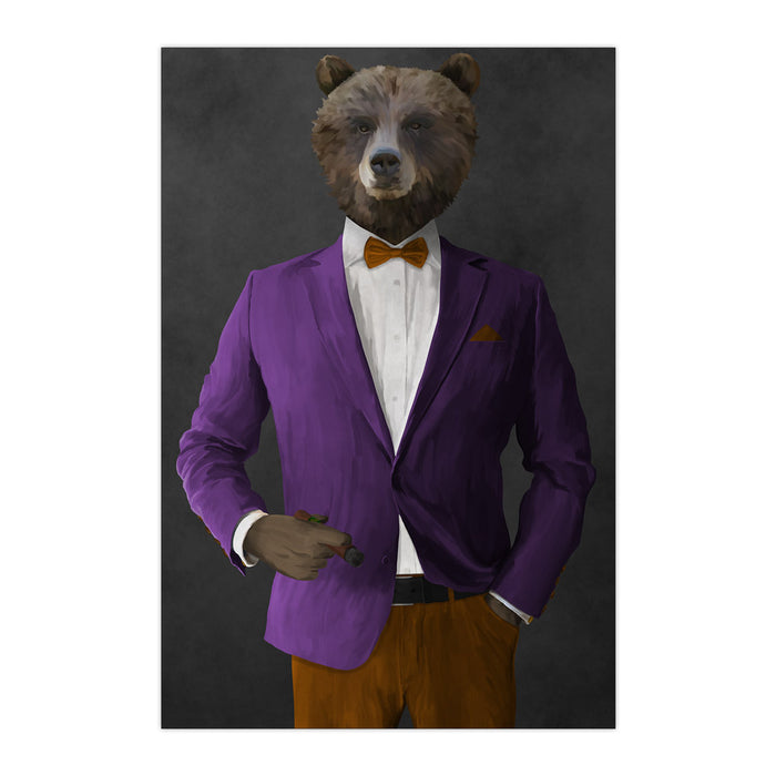 Grizzly Bear Smoking Cigar Wall Art - Purple and Orange Suit