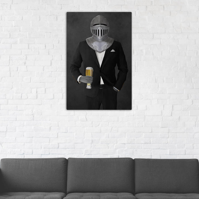 Canvas print of knight drinking beer wearing black suit in man cave art example