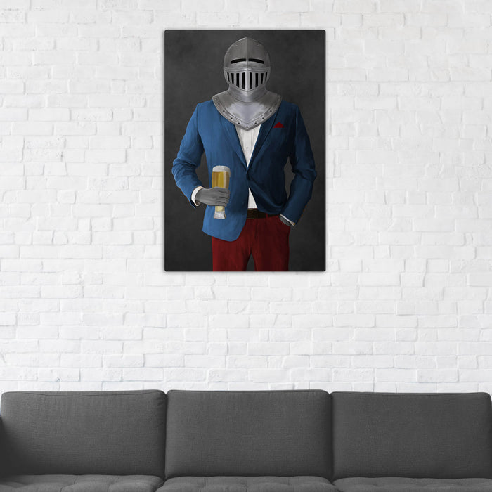 Canvas print of knight drinking beer wearing blue and red suit in man cave art example