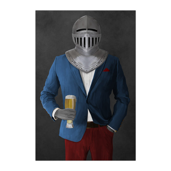 Large print of knight drinking beer wearing blue and red suit art