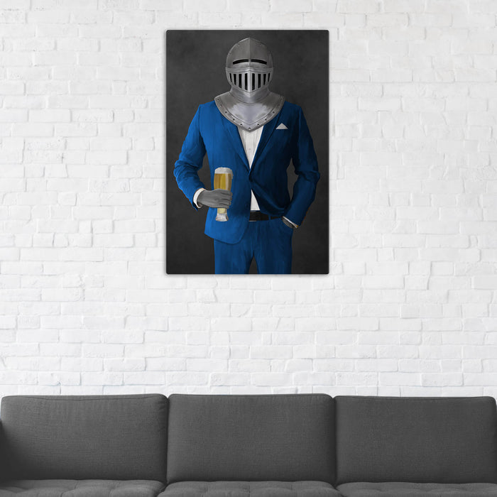 Canvas print of knight drinking beer wearing blue suit in man cave art example