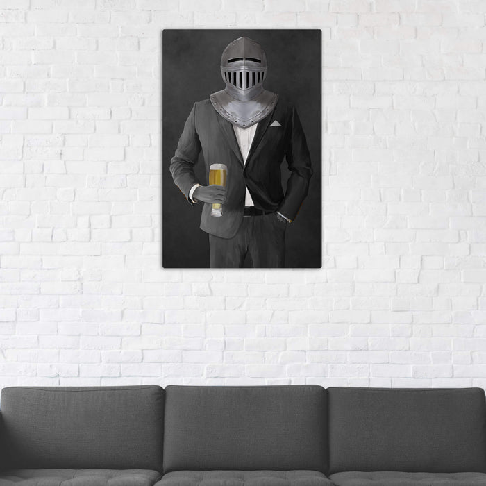 Canvas print of knight drinking beer wearing gray suit in man cave art example