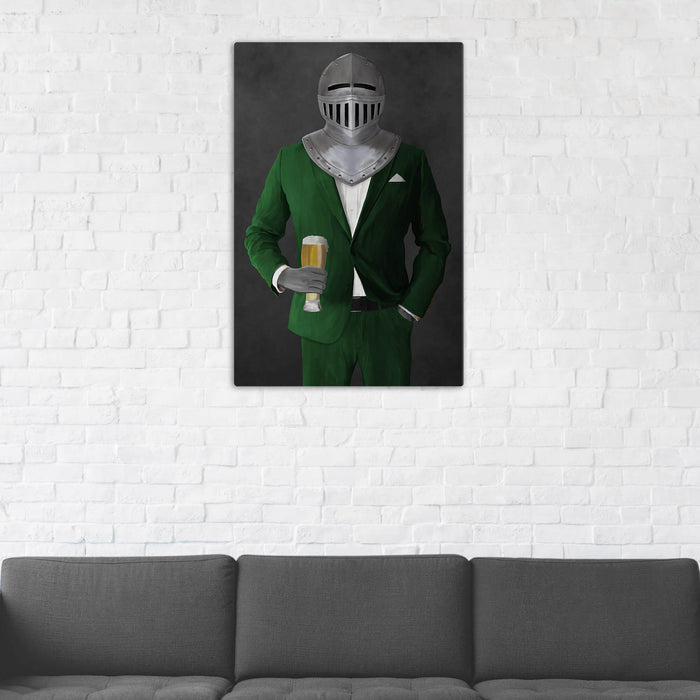 Canvas print of knight drinking beer wearing green suit in man cave art example