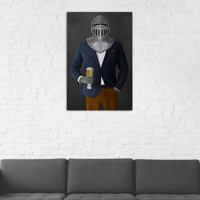Canvas print of knight drinking beer wearing navy and orange suit in man cave art example