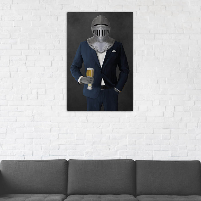 Canvas print of knight drinking beer wearing navy suit in man cave art example