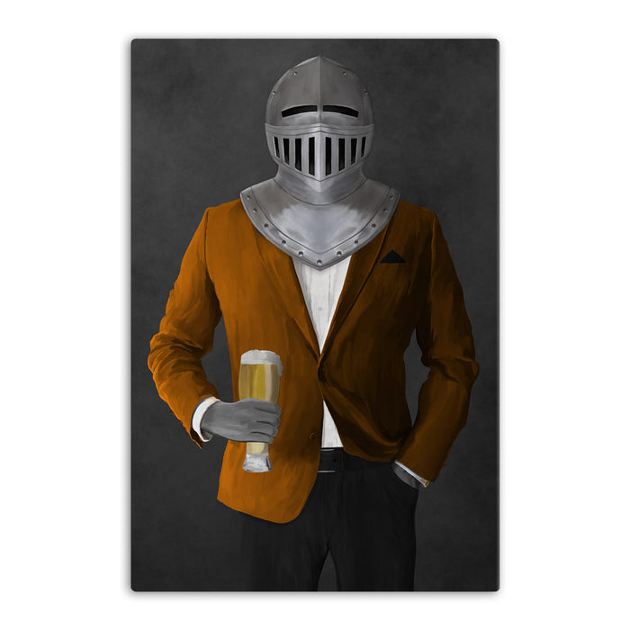 Large canvas of knight drinking beer wearing orange and black suit art