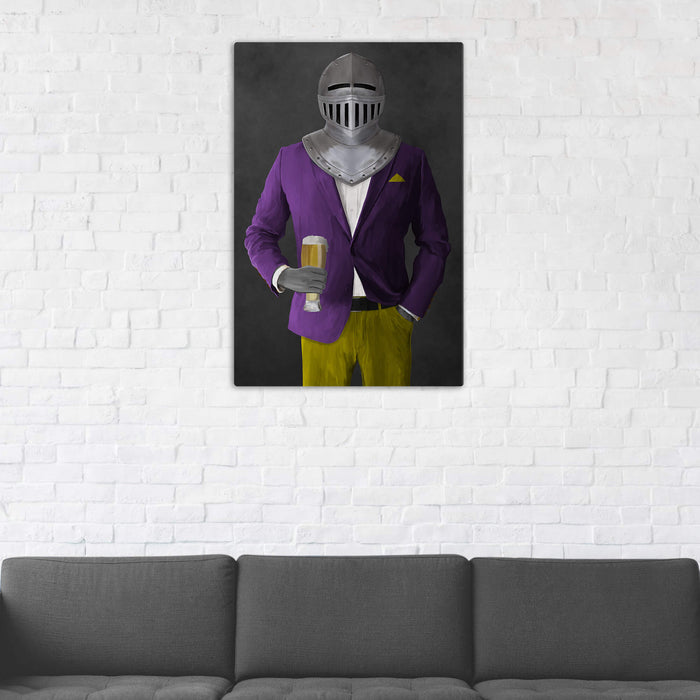 Canvas print of knight drinking beer wearing purple and yellow suit in man cave art example