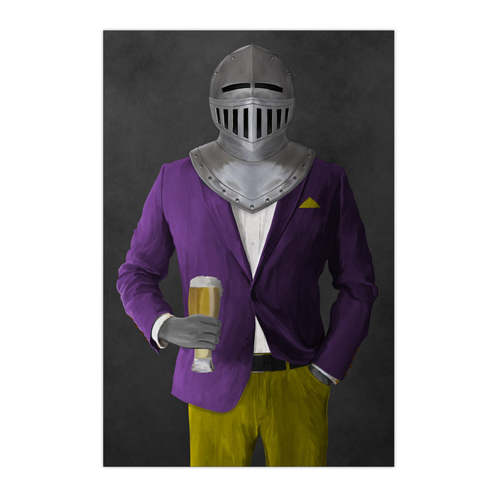 Large print of knight drinking beer wearing purple and yellow suit art