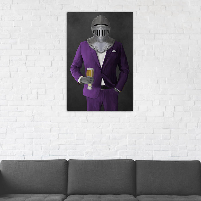 Canvas print of knight drinking beer wearing purple suit in man cave art example
