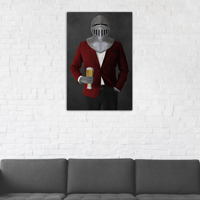 Canvas print of knight drinking beer wearing red and black suit in man cave art example