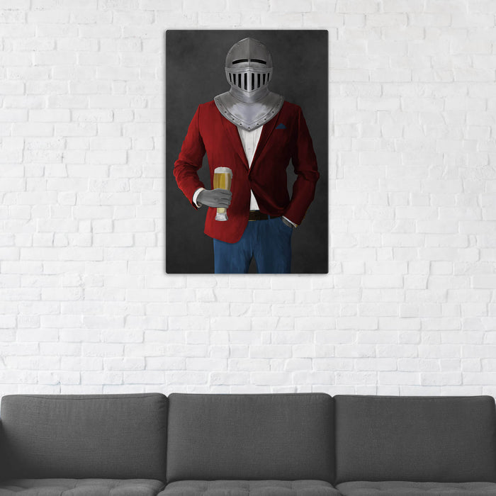 Canvas print of knight drinking beer wearing red and blue suit in man cave art example