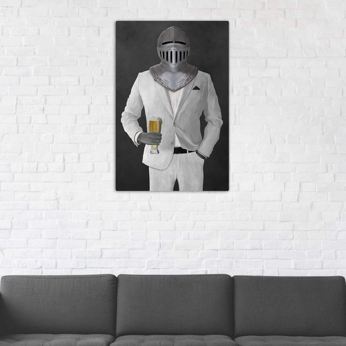Canvas print of knight drinking beer wearing white suit in man cave art example
