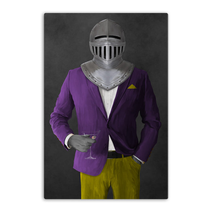Large canvas of knight drinking martini wearing purple and yellow suit art