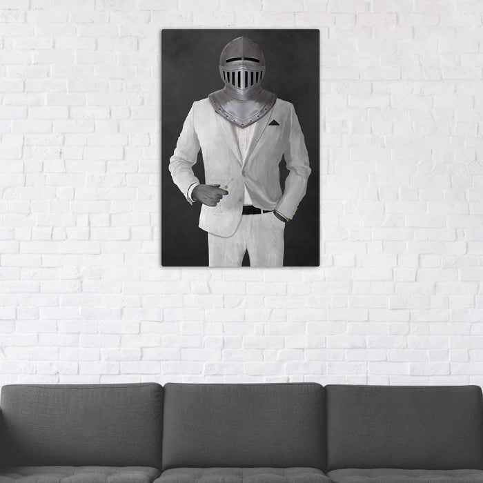 Canvas print of knight drinking martini wearing white suit in man cave art example