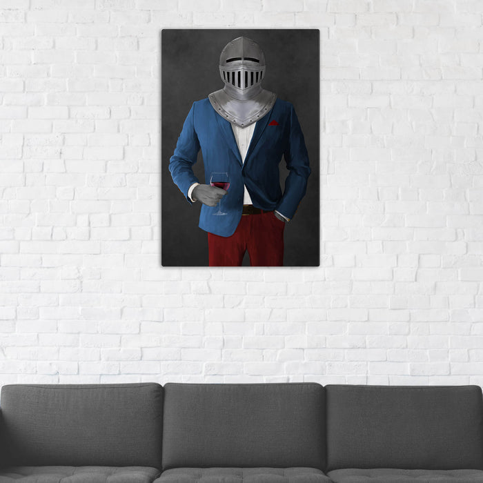 Canvas print of knight drinking red wine wearing blue and red suit in man cave art example