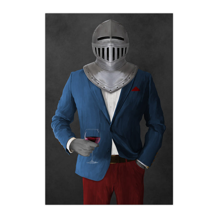 Large print of knight drinking red wine wearing blue and red suit art