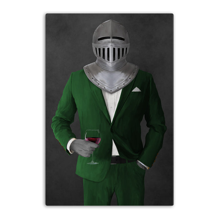 Large canvas of knight drinking red wine wearing green suit art