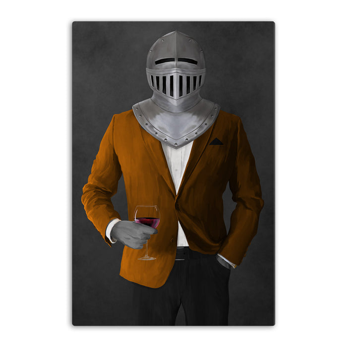 Large canvas of knight drinking red wine wearing orange and black suit art