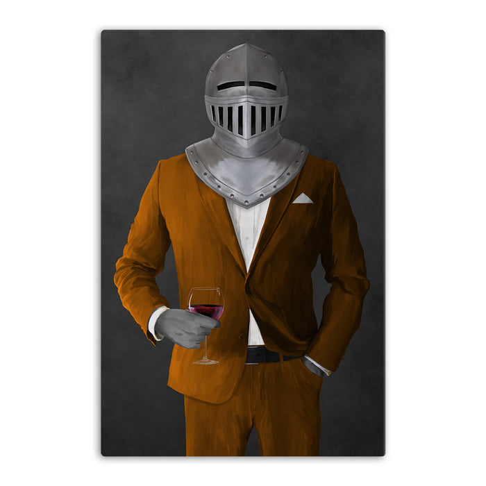 Large canvas of knight drinking red wine wearing orange suit art