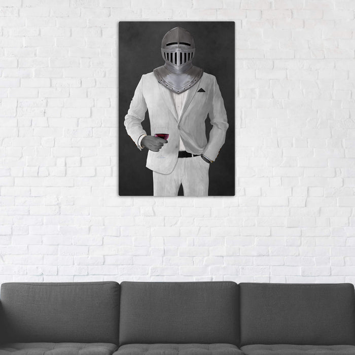 Canvas print of knight drinking red wine wearing white suit in man cave art example