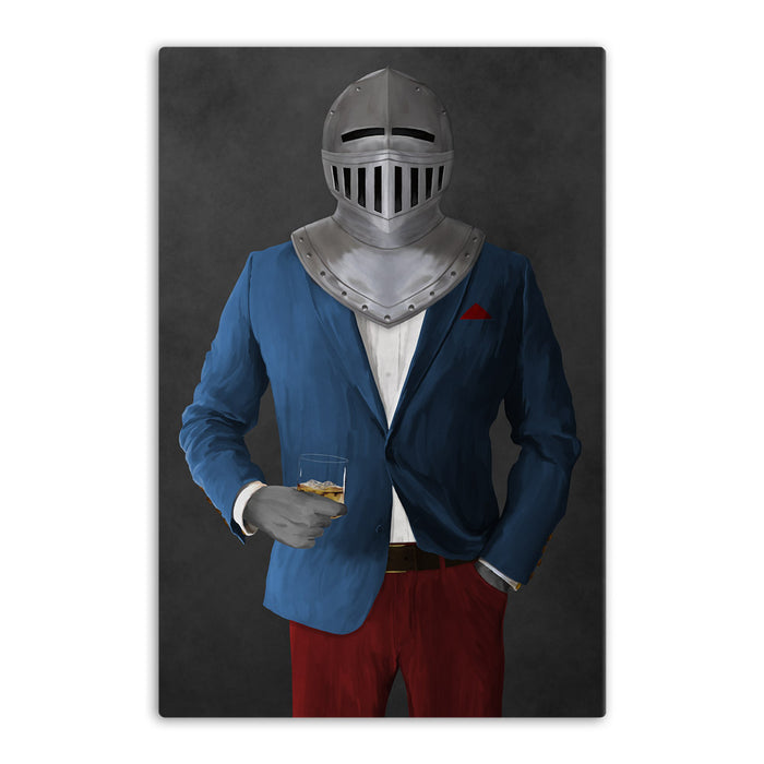 Large canvas of knight drinking whiskey wearing blue and red suit art