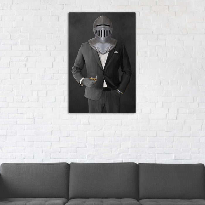 Canvas print of knight drinking whiskey wearing gray suit in man cave art example