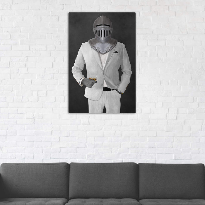 Canvas print of knight drinking whiskey wearing white suit in man cave art example