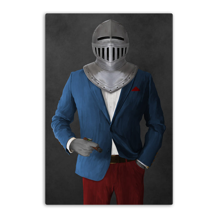 Large canvas of knight smoking cigar wearing blue and red suit art