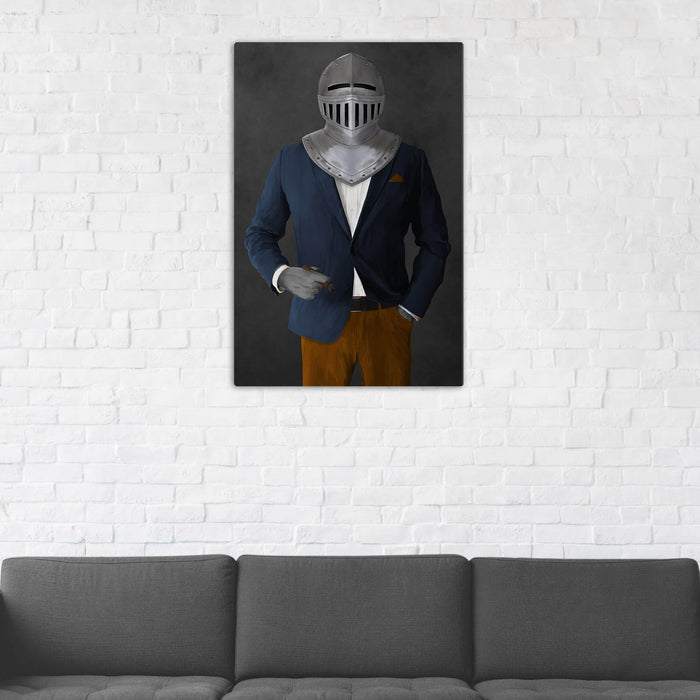 Canvas print of knight smoking cigar wearing navy and orange suit in man cave art example